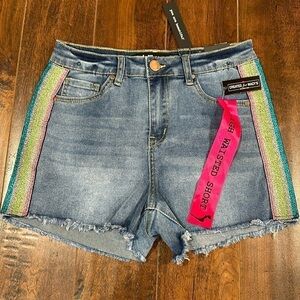 NWT- Dollhouse High Waisted Glitter stripped Raw Hem Denim Shorts Junior